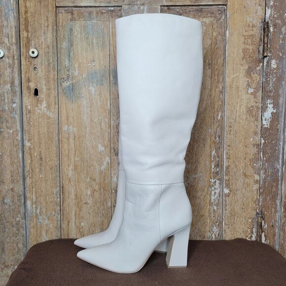 STEVE MADDEN Padmy Knee High Leather Block Heel Boots Ivory sz 7.5 - Picture 4 of 11